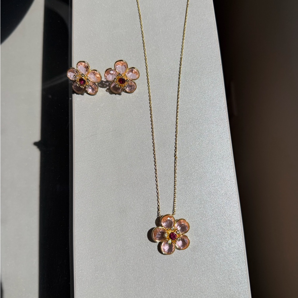 Swarovski Pink Crystal Flower Necklace and Stud Earrings Set